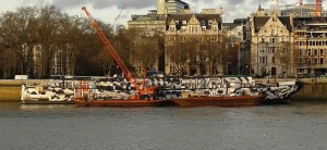 HMS President - minus her funnel ready for her journey down the Thames